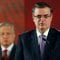 Mexican Foreign Minister Marcelo Ebrard speaks during a news conference as Mexican president Andres Manuel Lopez Obrador looks on, at National Palace in Mexico City